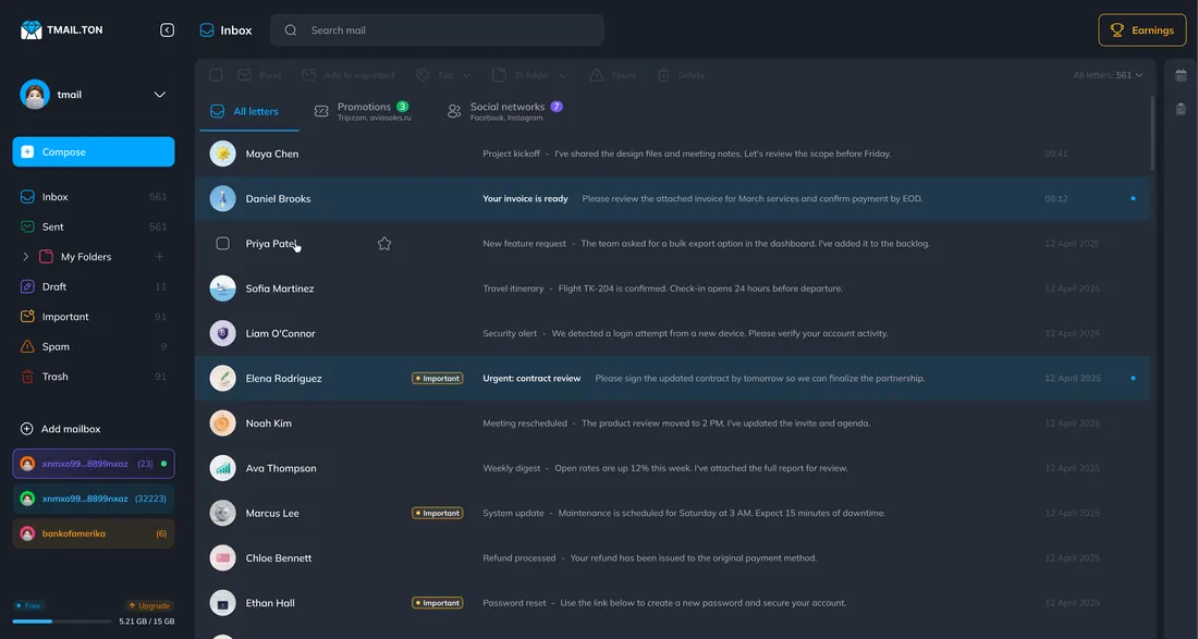Tmail inbox preview