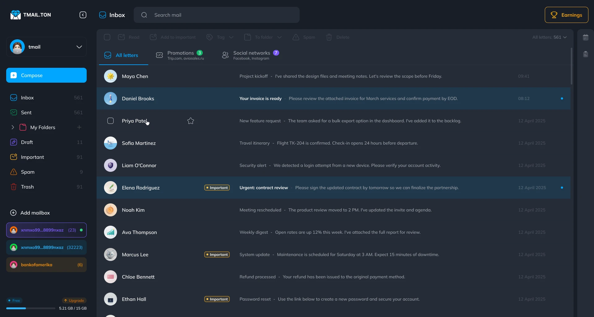 Tmail inbox preview